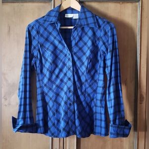 VINTAGE HARVE BENARD WOMENS BLUE & BLACK PLAID SHIRT SIZE S 100% COTTON